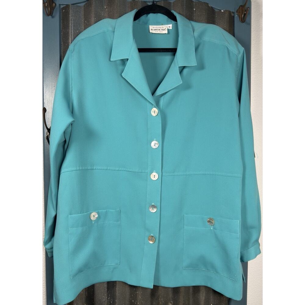 VTG Brownstone Studio NY Lightweight Jacket Turquoise Mother Pearl Buttons Sz 18